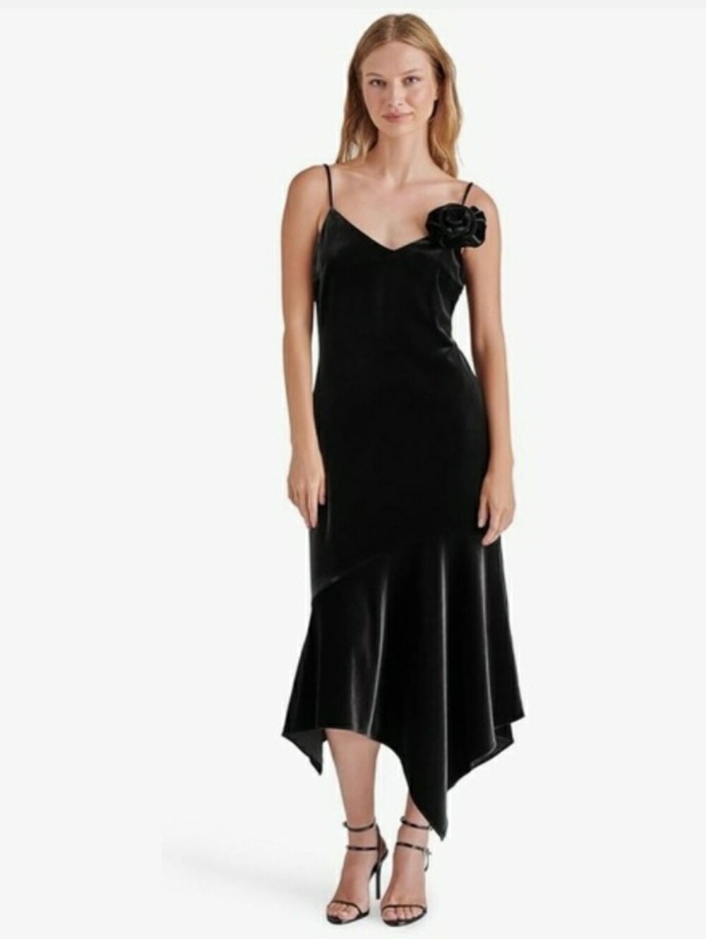 Betsey Johnson Black Velvet Asymmetrical Slip Dress with Rosette